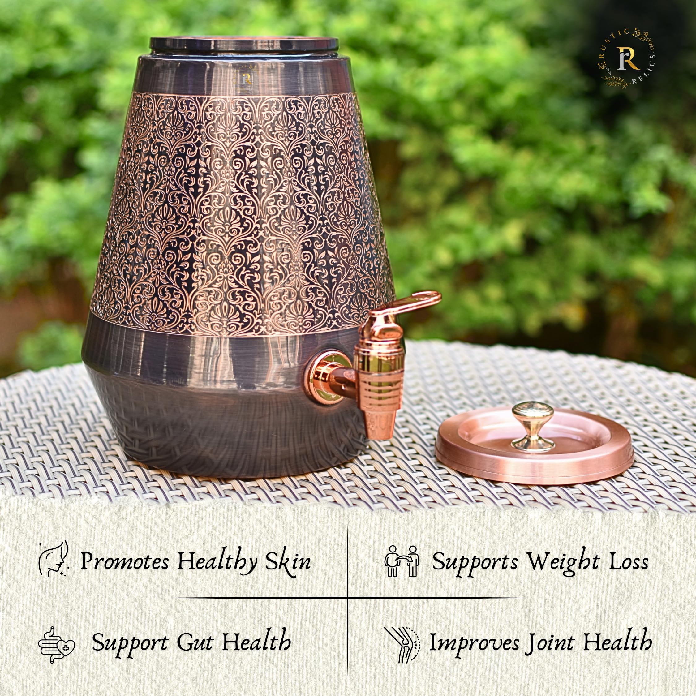 Rustic Relics Antique Copper Water Matka - 5L | With Eye Catching Embosed Engraving Design | Copper Water Storage Dispenser With